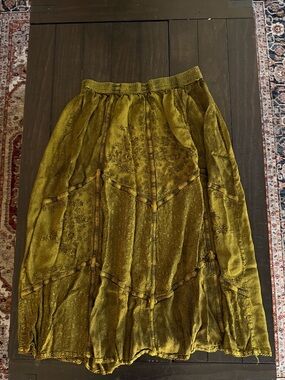 Vintage Olive Green Patchwork Embroidered Boho Midi Skirt
